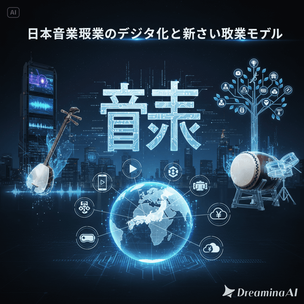 デジタルサウンドウェーブと日本の音楽アーティストを象徴するイラスト