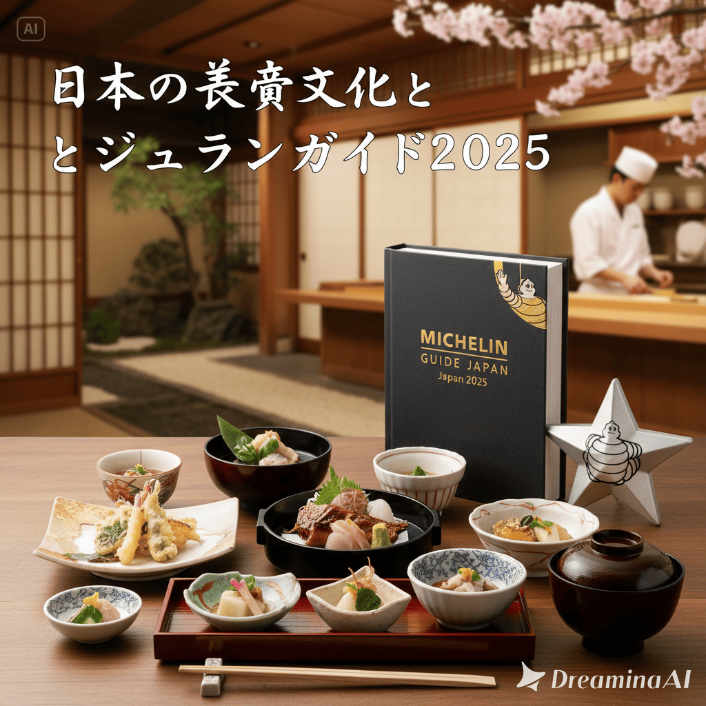 日本料理の懐石コースとミシュランガイドの星を象徴する金色のイラスト。