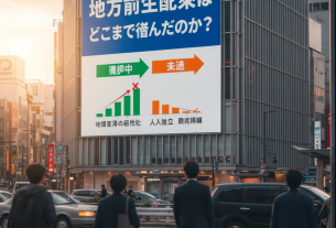 地方の街並みとデジタル地図が重なる未来的イメージ