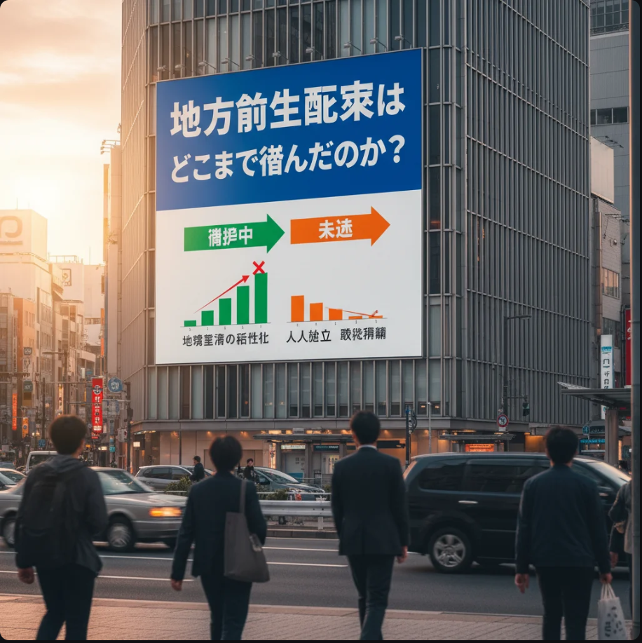 地方の街並みとデジタル地図が重なる未来的イメージ