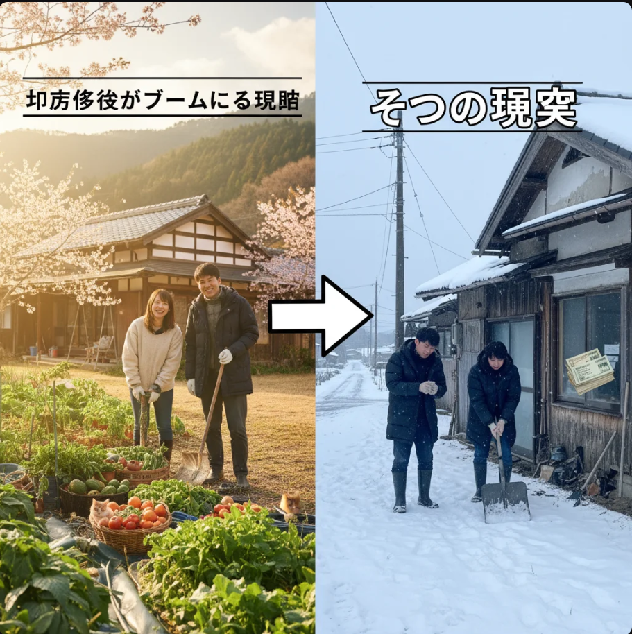 地方の自然豊かな地域で新生活を始める家族のイメージイラスト