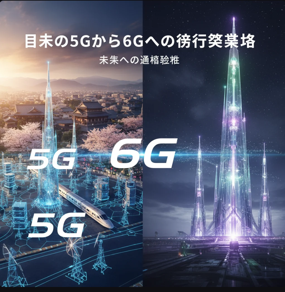 未来都市の上空に6G通信ネットワークを示すデジタルホログラム。