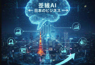 日本の都市上空に浮かぶAIネットワークのデジタルイメージ