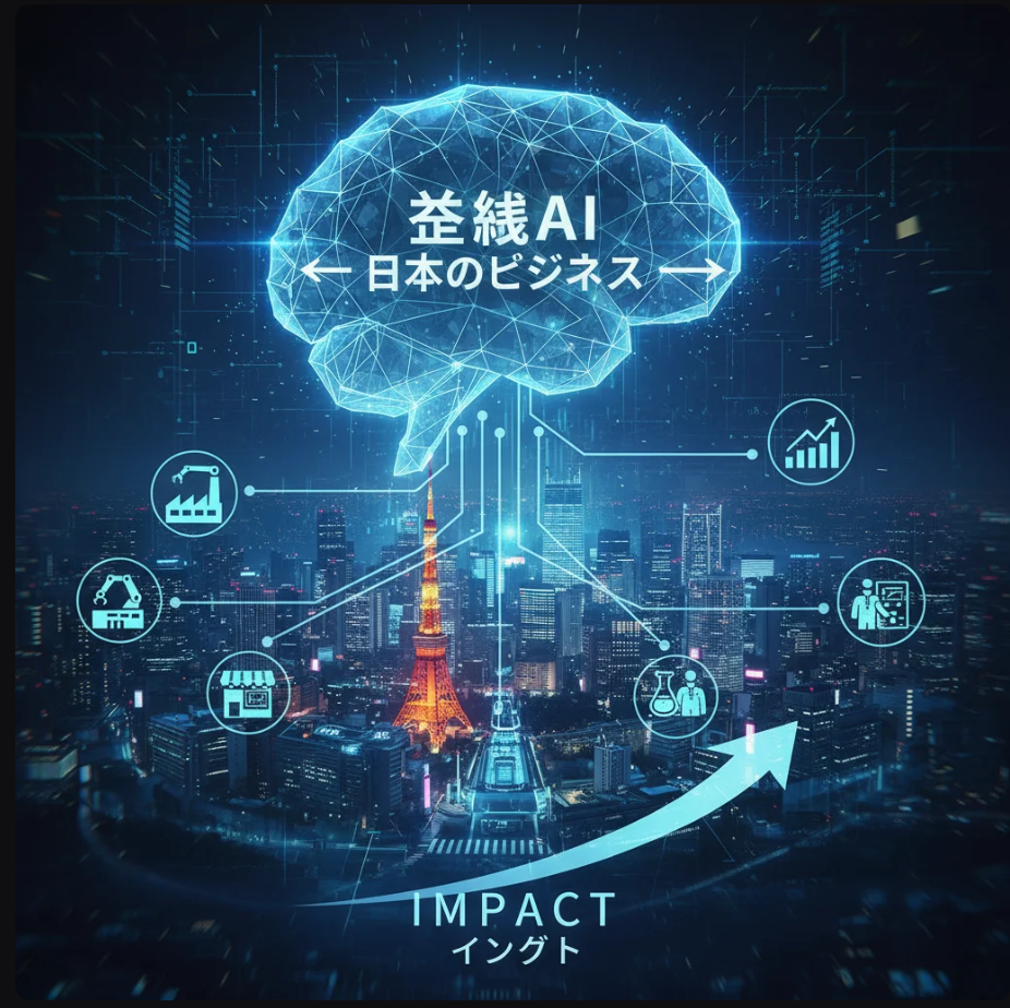 日本の都市上空に浮かぶAIネットワークのデジタルイメージ