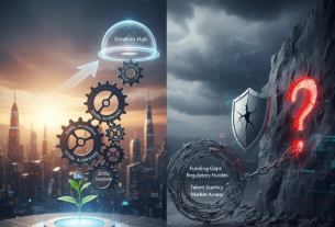 スタートアップ支援政策の進化を象徴する未来都市と起業家のシルエット