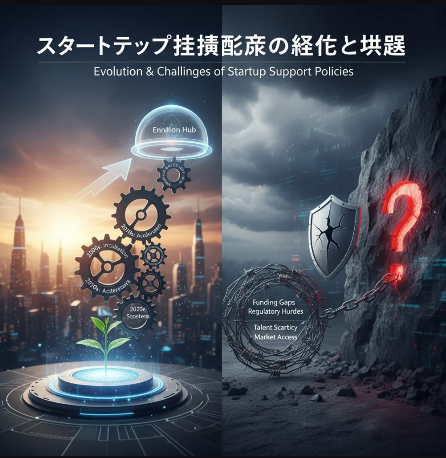 スタートアップ支援政策の進化を象徴する未来都市と起業家のシルエット