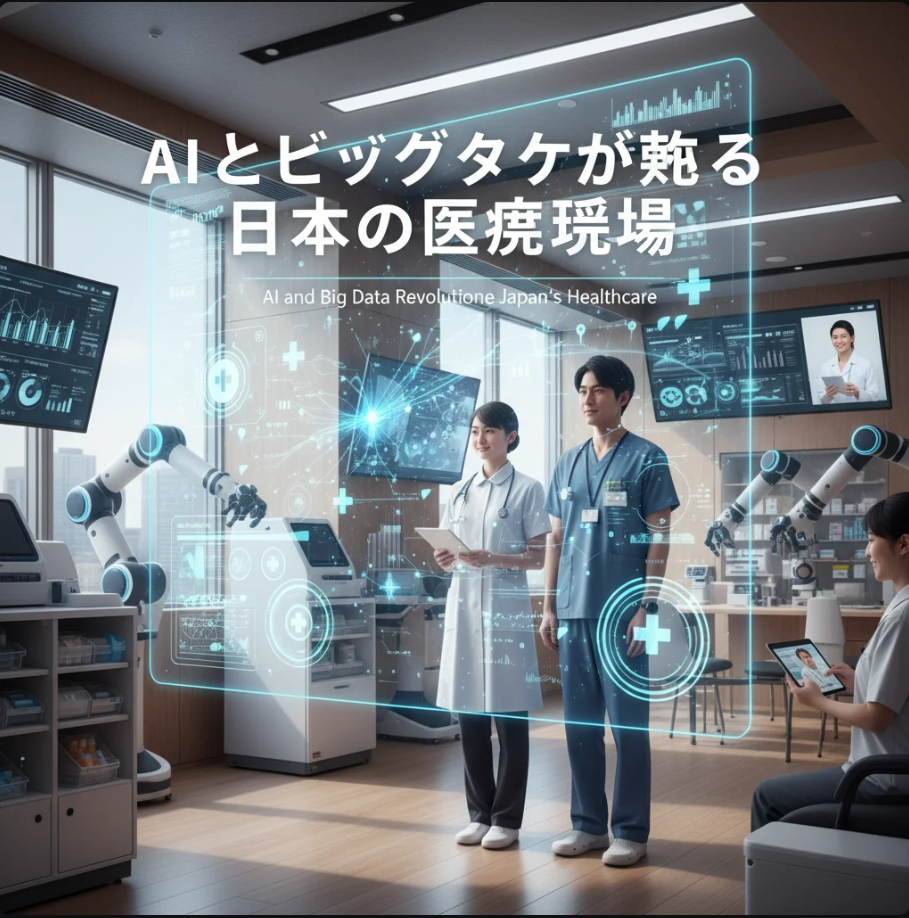 医師がデジタルディスプレイ上でAIによる診断データを確認している未来的な医療現場。