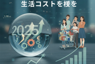 2025年の東京の街並みと価格上昇を示すグラフの重ね合わせ。
