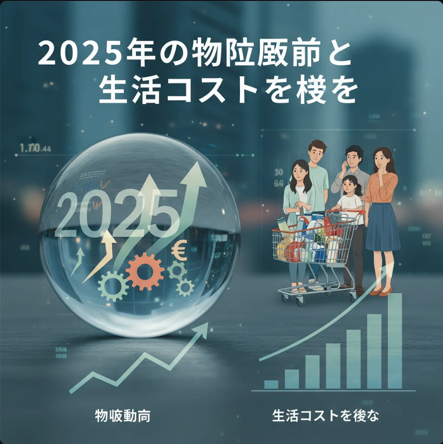 2025年の東京の街並みと価格上昇を示すグラフの重ね合わせ。