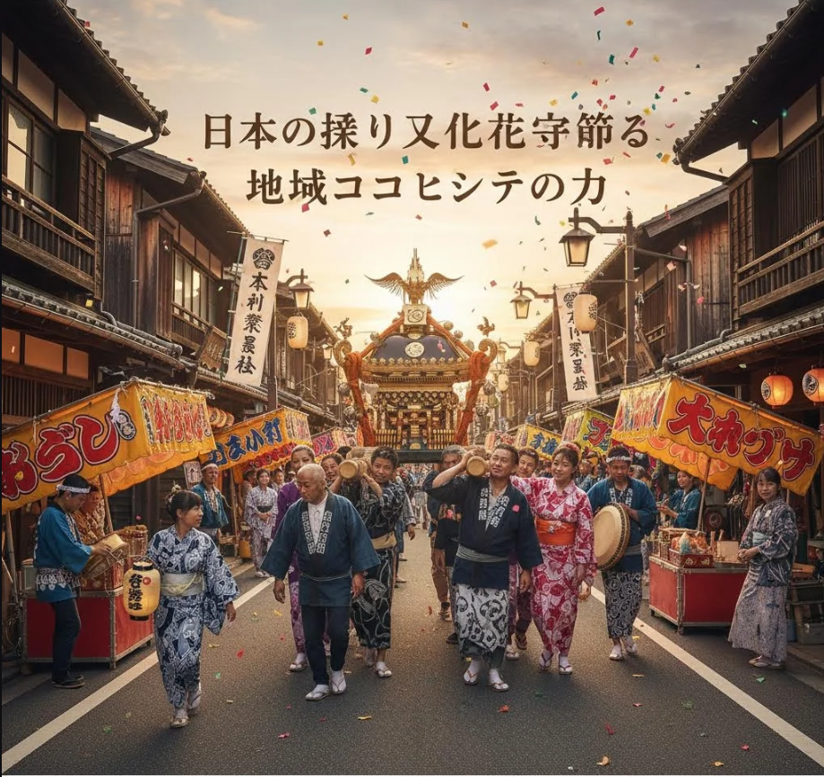 地域の人々が神輿を担ぎながら伝統的な祭りを行う様子。