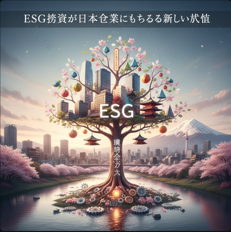 東京の高層ビル群とグリーンエネルギーの象徴を組み合わせた未来的な都市風景