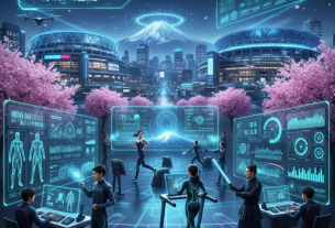 日本のスタジアムとスポーツテックデバイスが融合した未来的なイメージ