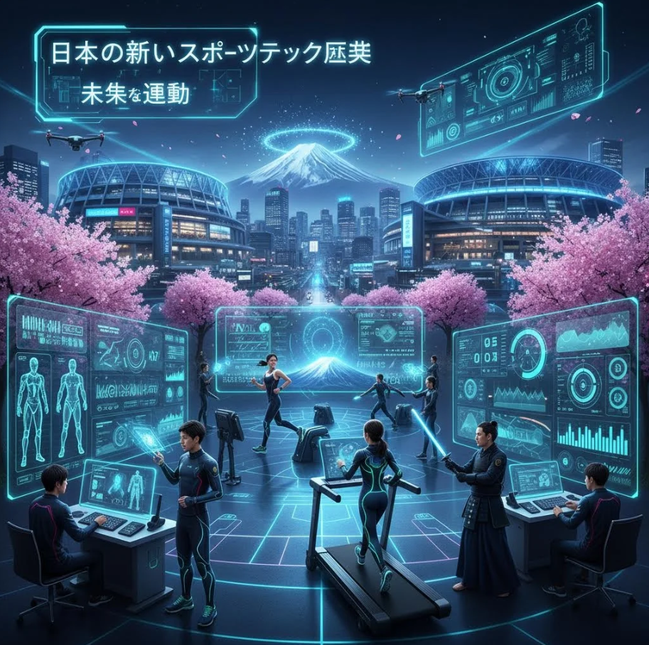 日本のスタジアムとスポーツテックデバイスが融合した未来的なイメージ