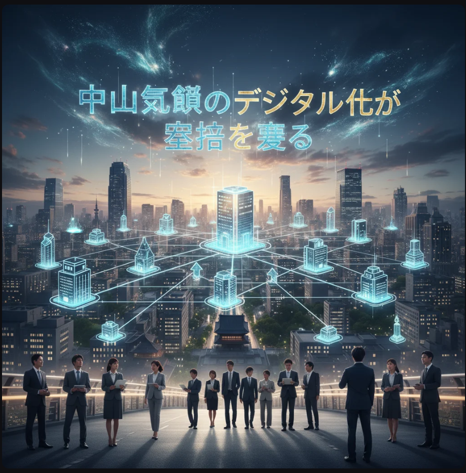 デジタルネットワークの中で連携する中小企業と都市のシルエット