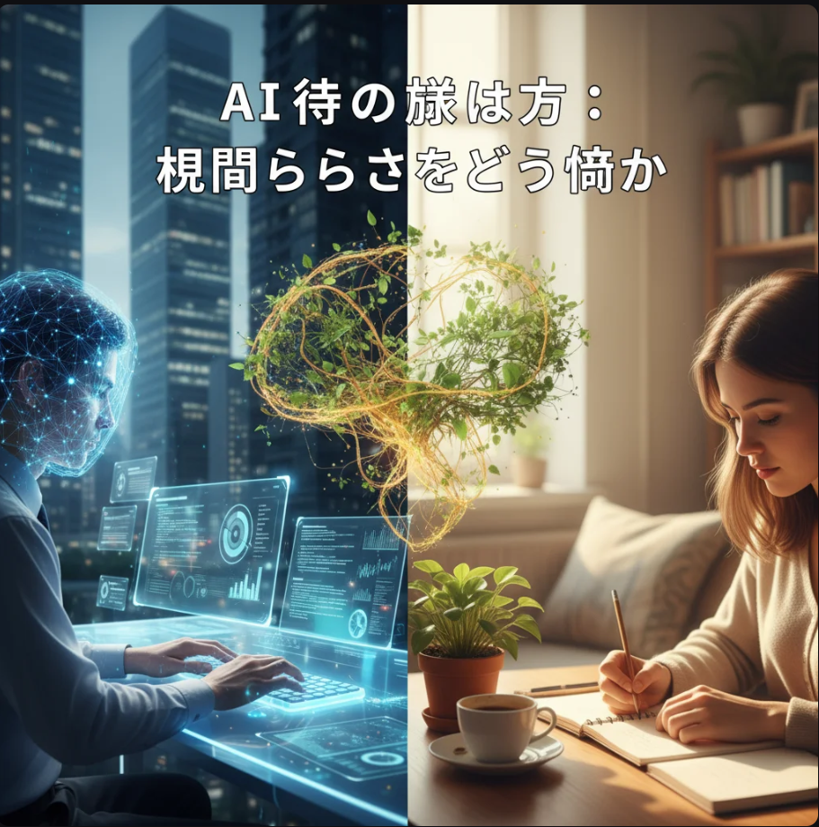 AI時代の働き方を象徴する人とデジタル技術のシルエットのイラスト