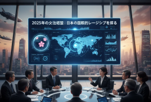 国際会議の場で日本の外交官がスピーチを行う様子、背景に各国の国旗