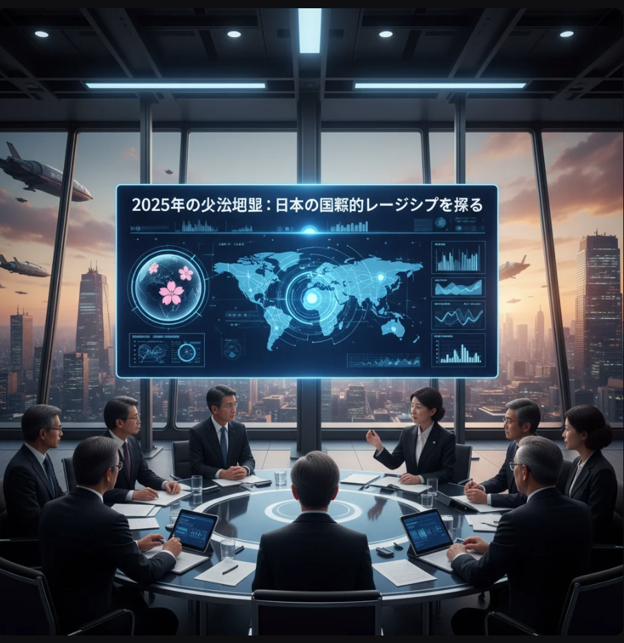 国際会議の場で日本の外交官がスピーチを行う様子、背景に各国の国旗