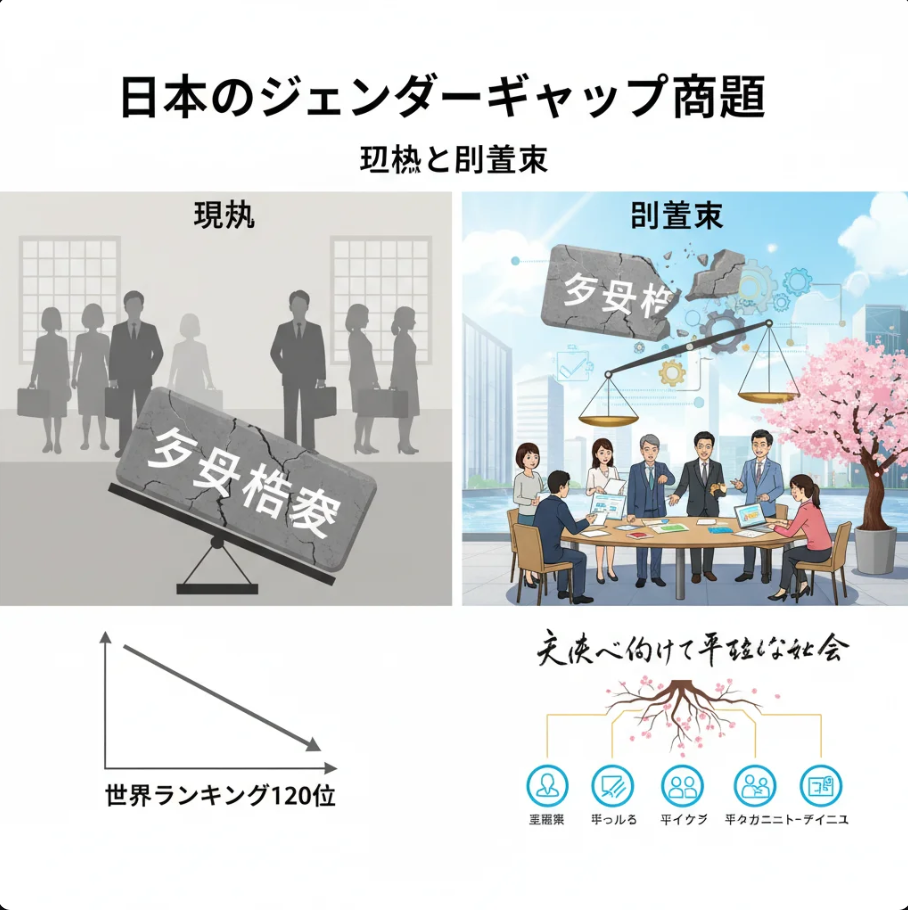 ジェンダーギャップを象徴する天秤と男女シルエットのイラスト