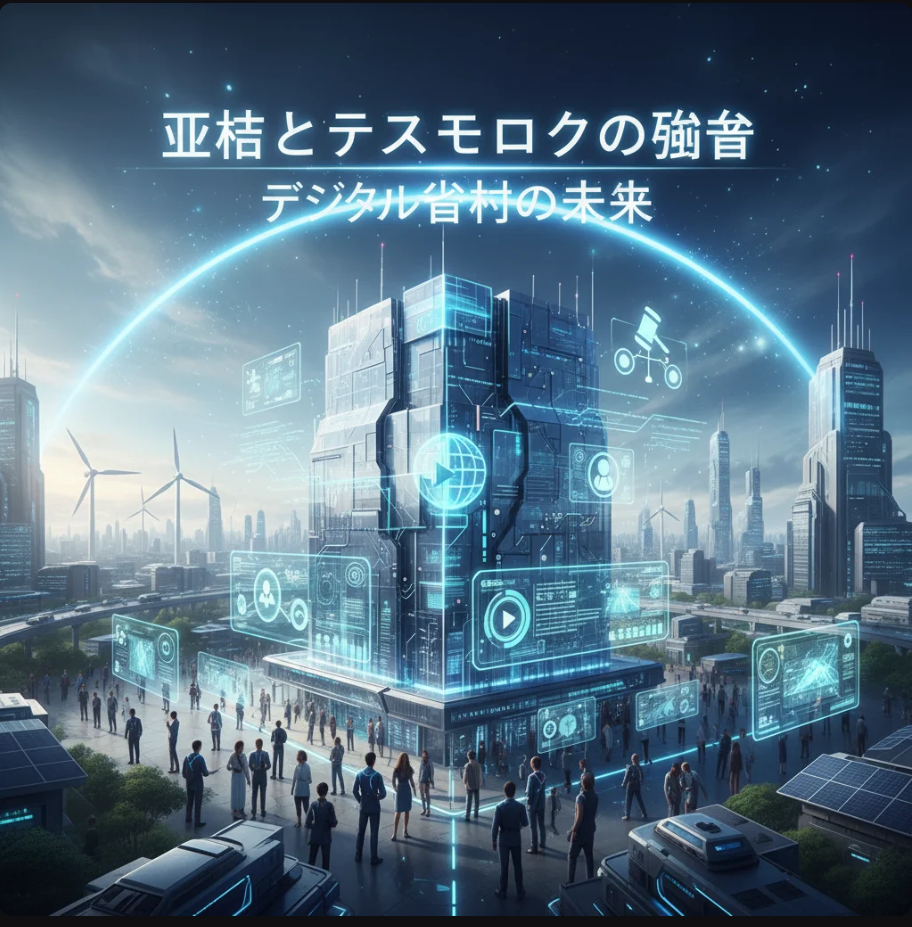 都市の行政ビルを背景に、デジタルデータストリームが光り、国旗と電子回路が融合するビジュアル