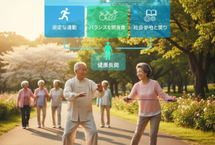 高齢者が健康的な生活を送る様子を描いたイラスト。”