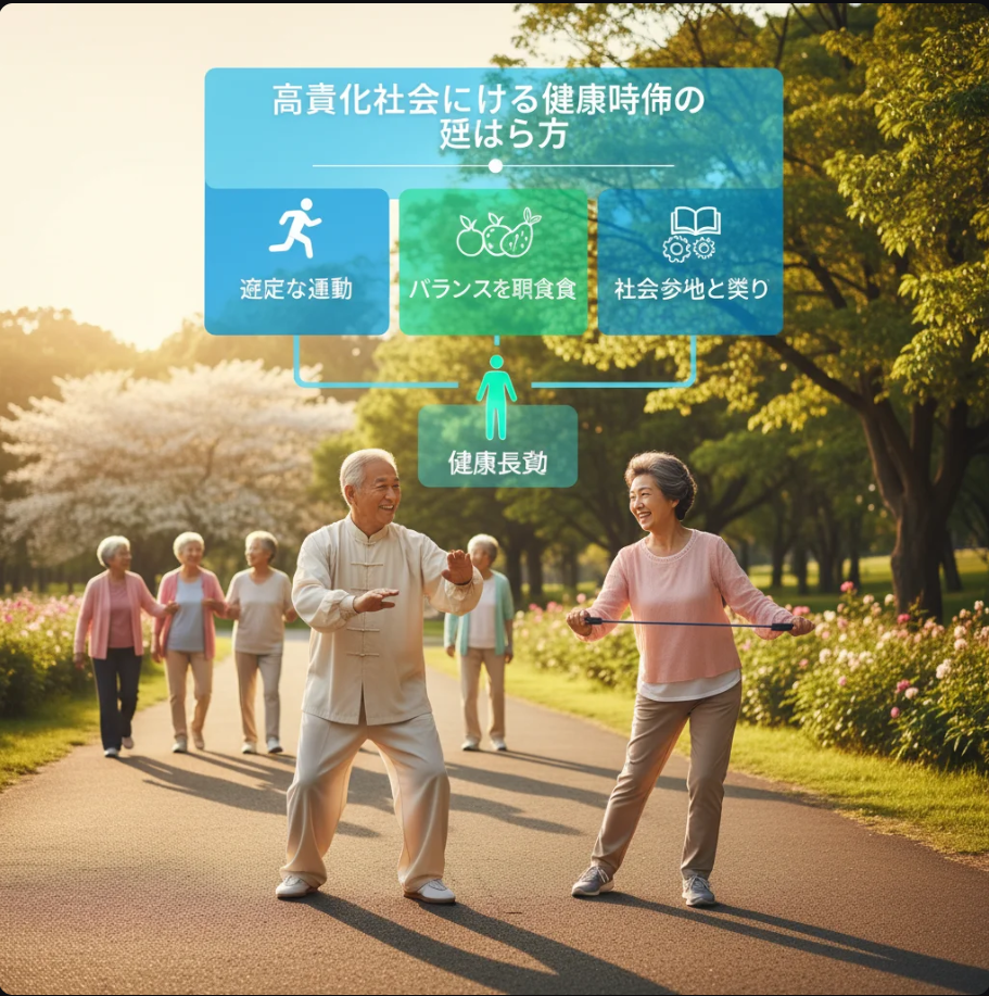 高齢者が健康的な生活を送る様子を描いたイラスト。”