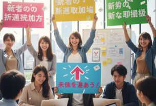 投票所の前でスマートフォンを手にする若者たち。デジタル技術と政治参加の融合を象徴するイメージ