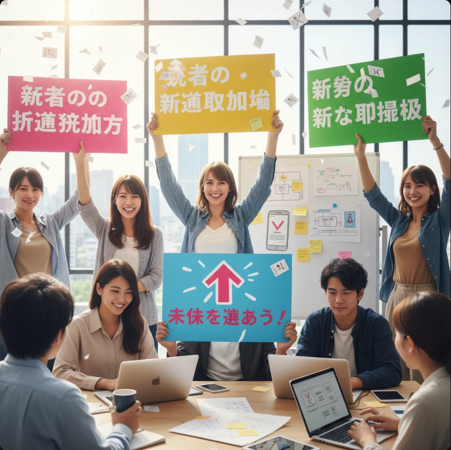 投票所の前でスマートフォンを手にする若者たち。デジタル技術と政治参加の融合を象徴するイメージ