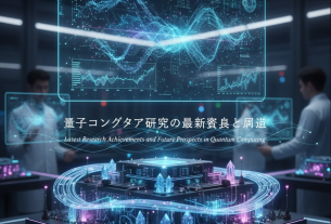 量子ビットを表すデジタル構造と光のエネルギーが交差する未来的な量子コンピュータのイメージ