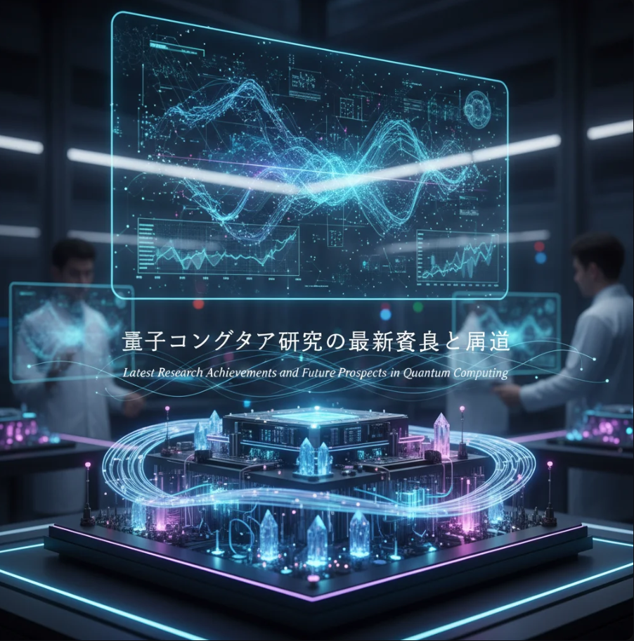 量子ビットを表すデジタル構造と光のエネルギーが交差する未来的な量子コンピュータのイメージ