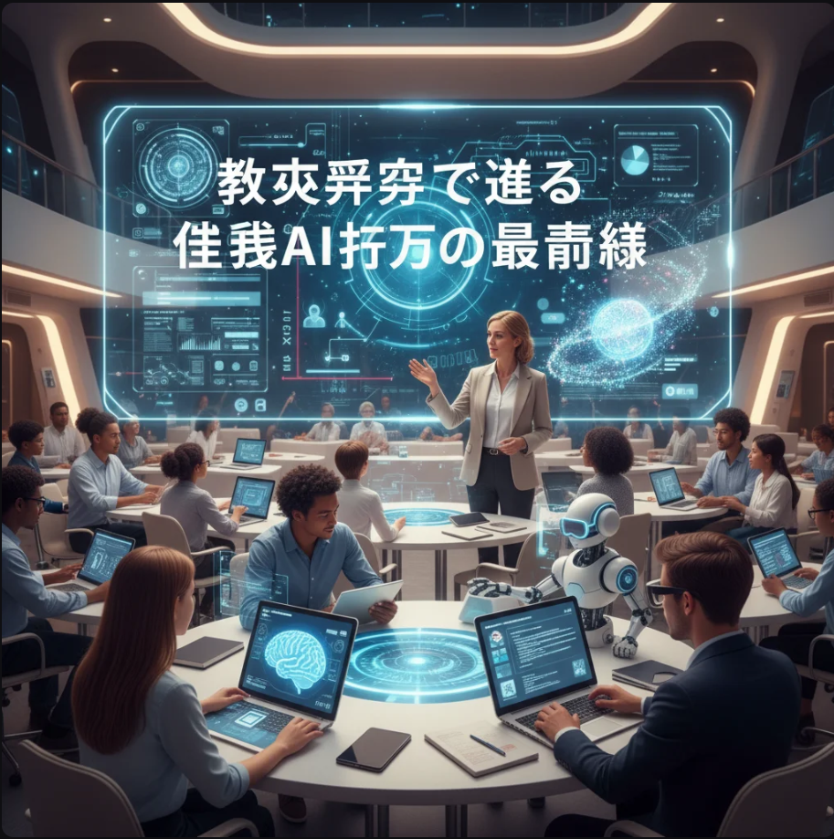 教育現場で生成AIを活用する様子を示すデジタルイラスト。