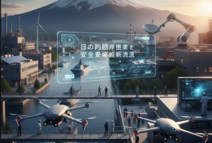 防衛技術の未来を象徴する日本の護衛艦と衛星通信ネットワークのビジュアル