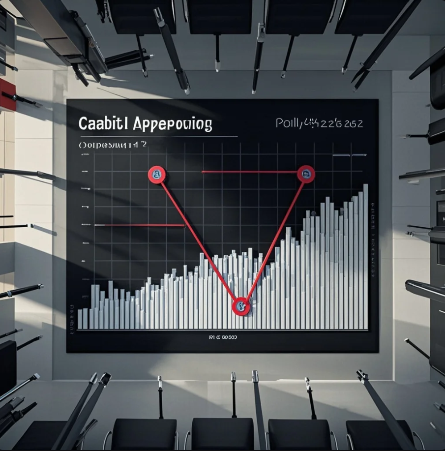 内閣支持率の推移グラフと、国会議事堂・政策資料が並ぶ政治分析のイメージ