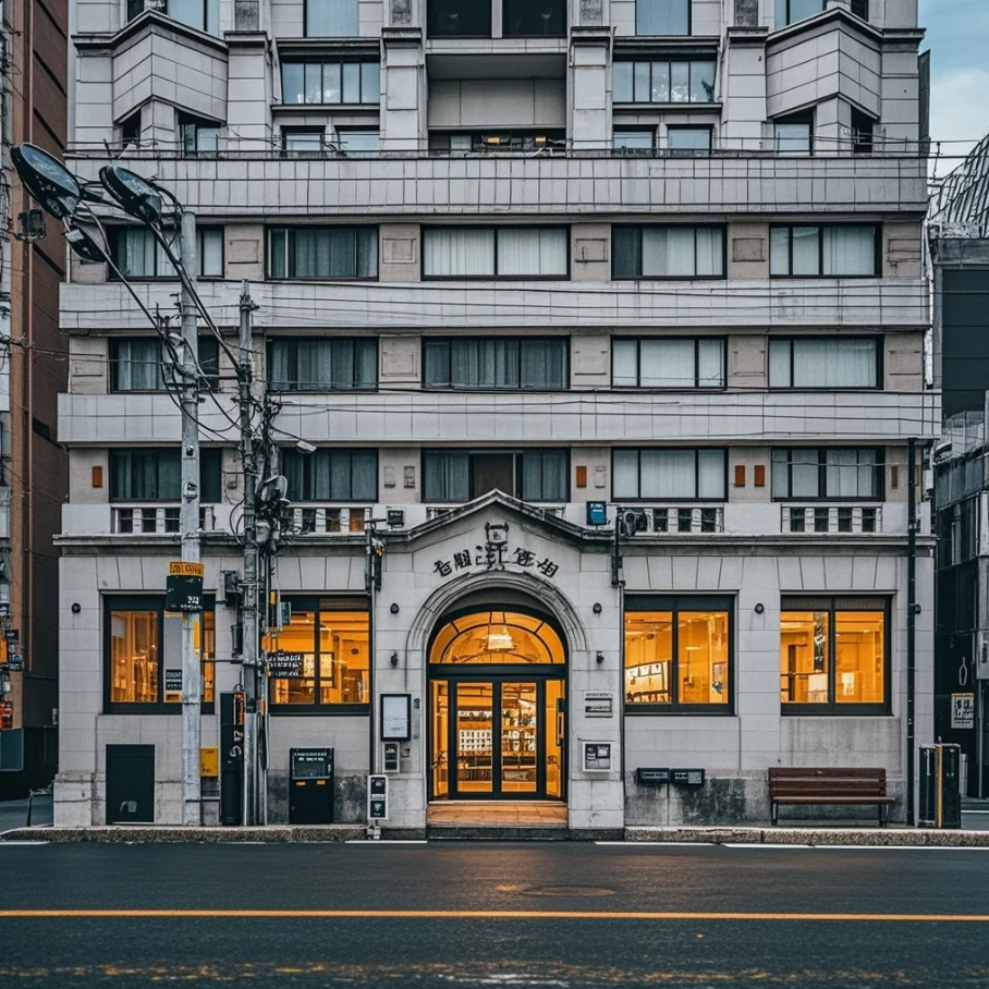 日本銀行の建物と金利グラフ、円のシンボルが描かれたイラスト。