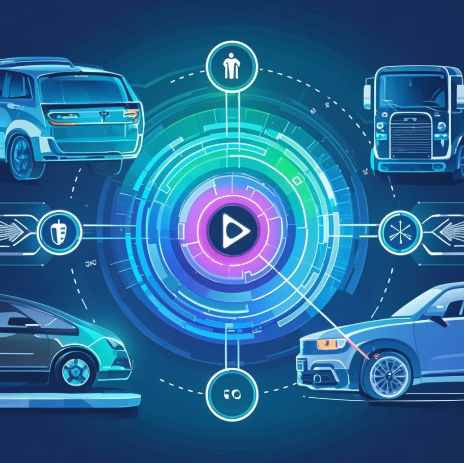 自動運転車とスマートシティ、法規制を示すアイコンのイラスト。