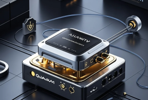 子通信がもたらす次世代セキュリティ革命” デザイン: ネイビーとシアンの近未来カラーに、光の線（フォトン）・鍵アイコン・量子ノードのネットワーク図を組み合わせたビジュアル。