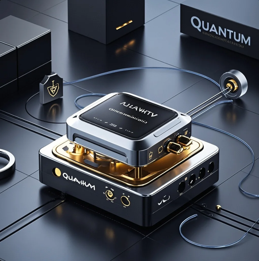 子通信がもたらす次世代セキュリティ革命” デザイン: ネイビーとシアンの近未来カラーに、光の線（フォトン）・鍵アイコン・量子ノードのネットワーク図を組み合わせたビジュアル。